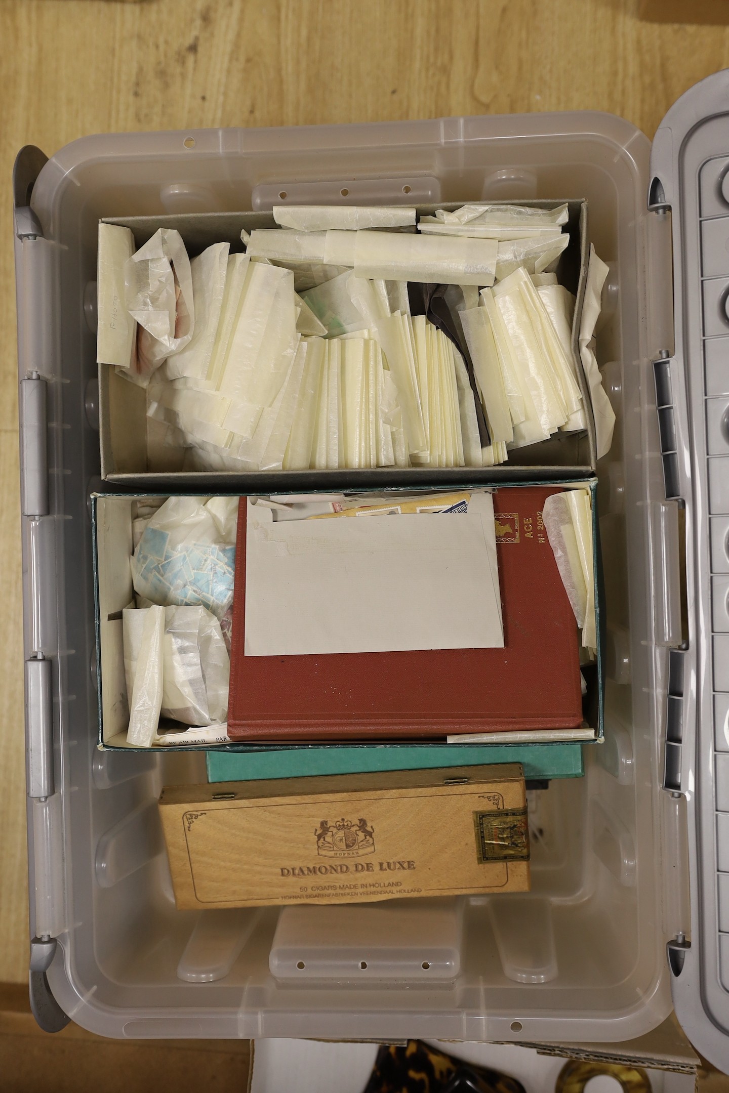 Great Britain stamp collection including a 1d black poor condition 1841 1d red browning, 1d reds , modern decimal mint commemoratives, a presentation packs plus various world stamps in an album and loose, 4 boxes